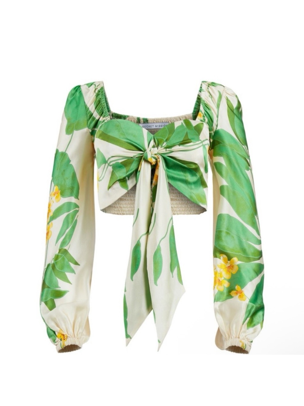 Secret Mission Silk
Tropical Tie Front Natalie Long
Sleeve Crop Top NEW